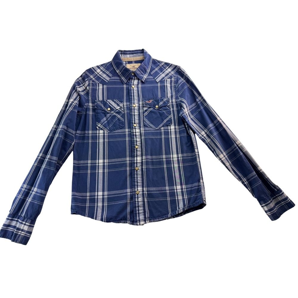 Hollister Big Boys Blue Plaid Western‎ Pearl Snap Long Sleeve Shirt Medium